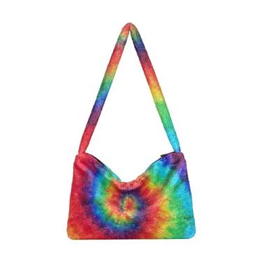 Imagem de Bolsa de ombro vermelha retrô preta com zíper, bolsa feminina para uso ao ar livre, Tie Dye colorido arco-íris, One Size