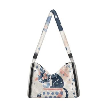 Imagem de GAIGEO Bolsa de ombro retrô amarela abstrata lua gato senhora, bolsa transversal para mulheres, bolsa feminina para uso ao ar livre, Vaso de planta azul, pintura decorativa de gato preto, One Size