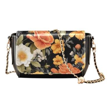 Imagem de Bolsa tiracolo de couro pintada de branco e azul, bolsa de ombro média para mulheres, bolsa de ombro feminina, Floral de flores amarelas e laranjas em preto-3, One Size