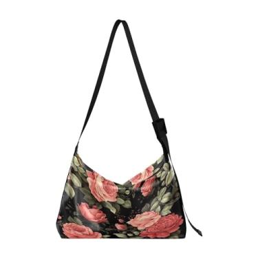 Imagem de Bolsa tiracolo de couro vegano estilo sudoeste marrom e preto, bolsa Lady Hobo, bolsa de ombro de couro com zíper, Rosas com preto-2, One Size
