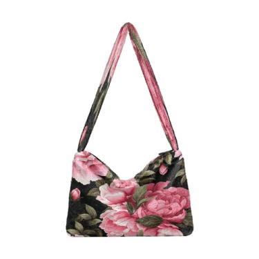 Imagem de Bolsa de ombro feminina preta com flores laranja e rosa, bolsa de mão com zíper, bolsas de outono, Flor de peônia em preto-1, One Size