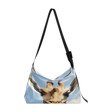 Imagem de GAIGEO Bolsa tiracolo feminina de couro com pintura preta e dourada abstrata, bolsa tiracolo de couro vegano, bolsa grande com zíper, Giraffe's Head Looks Forward-3, One Size