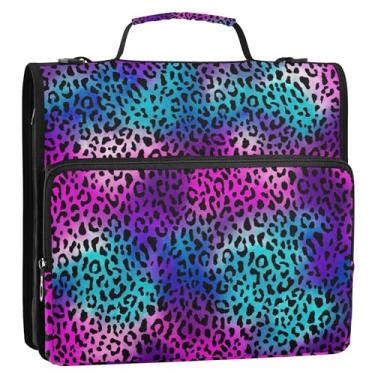 Imagem de Organizador de fichário durável com zíper de 3,8 cm, 3 anéis, anel D, roxo, azul, pele de leopardo, pasta de portfólio com alça para fichários escolares com alça de ombro