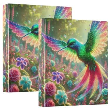 Imagem de Fichário com 3 anéis de flores de jardim com beija-flor vibrante verde 3 polegadas comporta 200 folhas fofas pastas de portfólio fichário de receita de anel redondo, 31,5 x 27 x 6 cm, pacote com 2