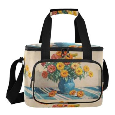 Imagem de Lancheira térmica vintage Zinnia azul calêndula, lancheira isolada, lancheira feminina para trabalho