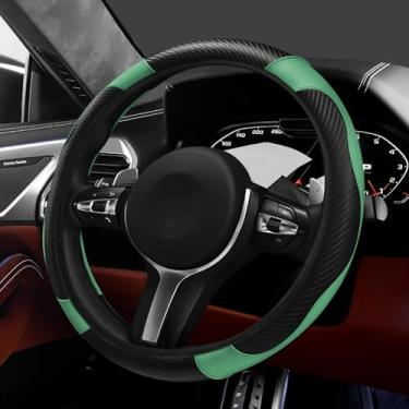 Imagem de Hovom Capa de volante de carro, capa protetora de volante de couro de fibra de carbono estilosa para 38 cm, antiderrapante e confortável, acessórios internos universais para decoração de carro (preto