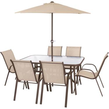 Imagem de Conjunto Mor Texas Mesa Retangular com Vidro 6 Cadeiras 1 Guarda-Sol