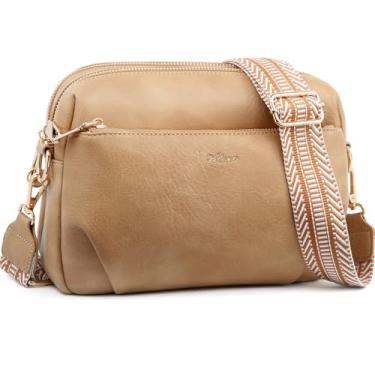 Imagem de HILAEX Bolsa tiracolo feminina de couro, antirroubo, vários bolsos, alça ajustável, bolsa de ombro com bloqueio de RFID, Caqui, Small, Clássico