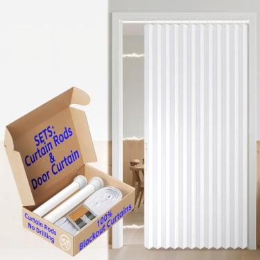 Imagem de Cortina magnética AJAZZ 100% blackout para porta sanfonada para porta de armário invisível aplicável quarto sala de estar porta (1 pacote, 137 L x 198 C, branco + varão)