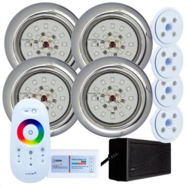 Imagem de Kit 4 Refletores Led 18w RGB Inox e Comando para Iluminação Piscina Vi