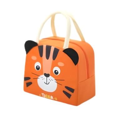 Imagem de Bolsa térmica infantil com alça modelo escolar para lanche e marmita estampas de animais 3D resistente e prática (Tigre)