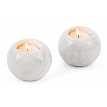 Imagem de SPESHSTONES Castiçal de mármore Tealight Castiçais votivos de pedra branca feitos à mão para presentes de aniversário e decorações de casamento - Conjunto de 2 velas pequenas para luzes de chá para