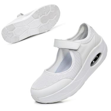 Imagem de Git-up Tênis feminino de caminhada com suporte de arco, bico largo respirável para fascite plantar, tênis ortopédico antiderrapante confortável para pés chatos, B - branco, 36