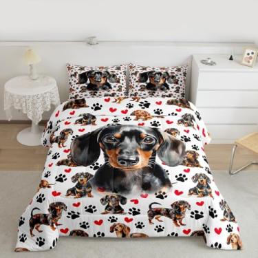Imagem de Jogo de cama kawaii Dachshund infantil, tamanho Queen, com garra de cachorro, cachorro, animal, decoração de quarto de meninas e meninos, edredom adorável para amantes de cães, conjunto de edredom