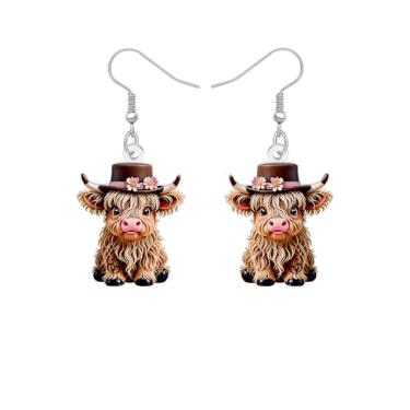Imagem de Brincos pendentes de vaca Highland com desenho de acrílico, presentes escoceses para mulheres, lindos brincos de gado, acessórios de joias da Escócia para amantes de animais de fazenda, Medium