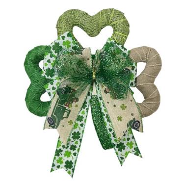 Imagem de Guirlanda de Dia de São Patrício para decoração de porta da frente, guirlanda de trevo artificial com laço verde brilhante, guirlanda de trevo da sorte para decoração do dia de São Patrício irlandês
