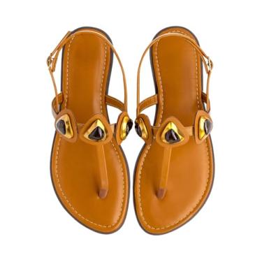 Imagem de Sandália Feminina Rasteira Confortável Detalhe Pedras Douradas Design Moderno RD (AMBAR, BR, Adulto, Numérico, 35)