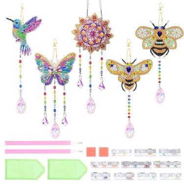 Imagem de 5 peças de apanhadores de sol de pintura de diamante, kit de artesanato de sinos de vento, enfeites de pintura de diamante para pendurar na janela, kits de arte de diamante para adultos, enfeite de