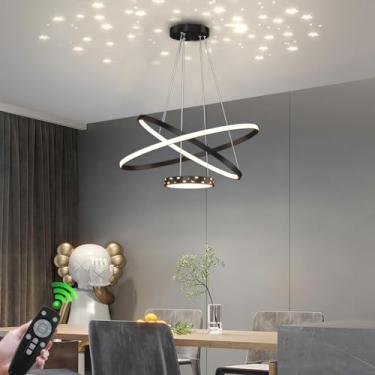 Imagem de Lustre moderno com design em anel, luminária pendente decorativa com 2 anéis de LED, dimerizável, altura ajustável, luminária criativa para ambientes internos, ideal para sala de estar, quar