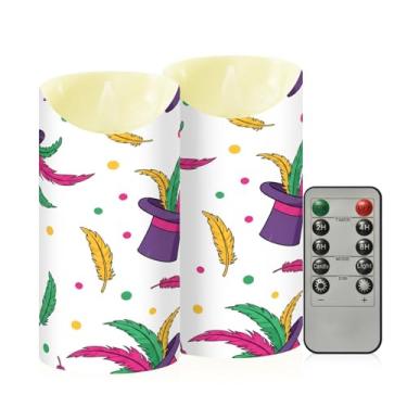 Imagem de Wassud Pacote com 2 chapéus de carnaval com penas velas sem chama com controle remoto, velas realistas cintilantes com temporizador, velas decorativas para Natal, casamento, festa, decoração de casa