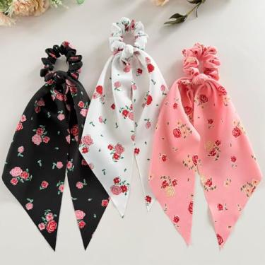 Imagem de Cachecol de cabelo para mulheres, laço atado, laços de cabelo com estampa floral, faixas elásticas, fita de cabelo apertada, suporte de rabo de cavalo para meninas, 3 peças, rosa