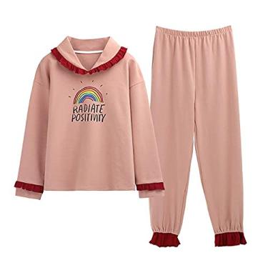 Imagem de 3FLQOOPP Conjunto de pijama feminino outono tricotado pijama manga longa pijama roupa de dormir roupa de casa (rosa grande)