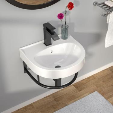 Imagem de Kichae Pia de banheiro flutuante montada na parede - Pia de vaso retangular 40,6 cm x 35,5 cm pequena pia pendurada na parede de banheiro pia de porcelana branca com toalheiro