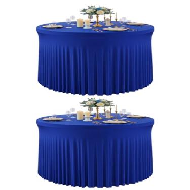 Imagem de Fixoro Pacote com 2 toalhas de mesa redondas de elastano azul real para mesa redonda de 152 cm, toalha de mesa elástica de 300 cm, capa de mesa sem rugas com saia para aniversário, casamento, banquete