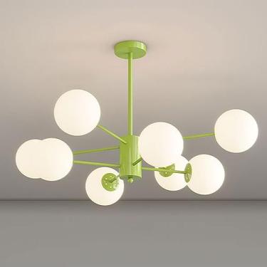 Imagem de Lustres modernos com múltiplas lâmpadas e cúpulas de vidro branco em formato de globo para teto, ideais para quartos, salas de estar, cozinhas, ilhas e mesas de jantar.