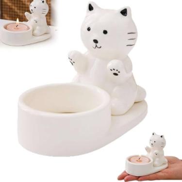 Imagem de Castiçal de gato, castiçal de cerâmica feito à mão, velas perfumadas de gatos fofos de desenhos animados, suporte de vela de gatos de desenho animado, decoração de mesa, presentes para amantes de