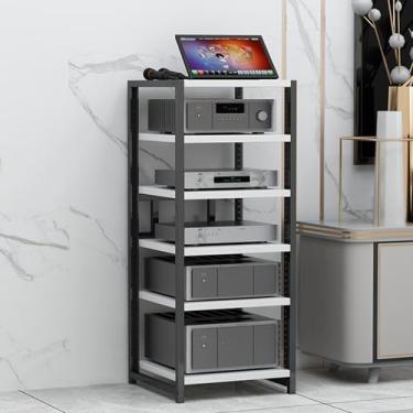 Imagem de Prateleira de canto com suporte de mídia AV para toca-discos estéreo Gabinete de componente de torre de áudio com prateleiras de madeira ajustáveis de altura para casa/escritório/cinema (Cor: D