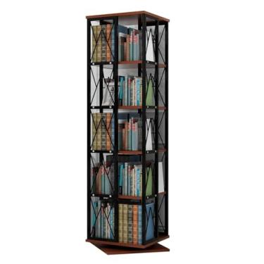 Imagem de Estante de livros, estante rotativa de 5 andares, estante de madeira, estante de madeira, estante de livros, estante de livros com moldura de aço, estante de livros (cor: preto + branco, tamanho: