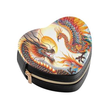 Imagem de Burbuja Caixa de joias em forma de coração de dragão fênix mini estojo de joias de viagem para mulheres e meninas, estojo portátil organizador de armazenamento para brincos, anéis, colares e pulseiras