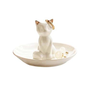 Imagem de Suporte de anel de cerâmica com bandeja de bugiganga branca para anéis, brincos, organizador de joias, presentes para mulheres (gatos)