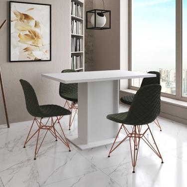 Imagem de Mesa Jantar Londres Tampo Branco 120Cm 4 Cadeiras Base Cobre Estofado Verde