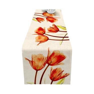 Imagem de Caminho De Mesa De Linho Azul E Laranja Com Tulipas, Estilo Rústico Fa