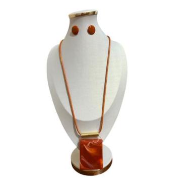Imagem de Colar feminino quadrado resina fio maxi kit com brinco luxo - MLBpel, 