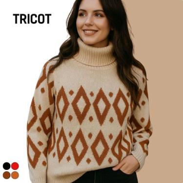 Imagem de Blusa Tricot Geométrica Manga Longa Gola Alta - Vitrine Collection, Be