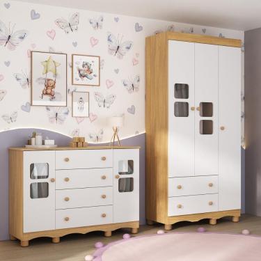 Imagem de Quarto De Bebê Completo Com Guarda-roupas 3 Portas E Cômoda Luna Multimóveis Mp4798 Madeirado/branco