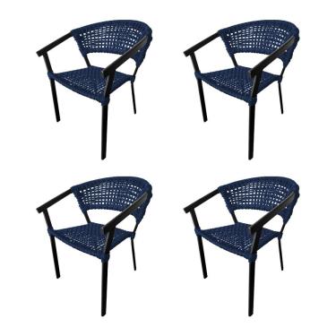 Imagem de Kit 4 Cadeiras Sofia Corda Náutica Base Em Alumínio Preto-azul Marinho