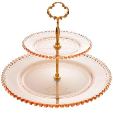 Imagem de Prato Duplo para Doces Pearl para Servir Bolos e Tortas em Cristal com Borda em Bolinha...