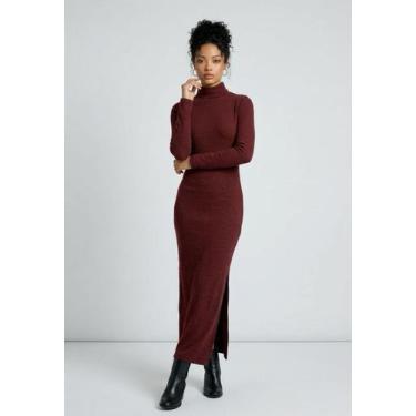 Imagem de Vestido Longo Gola Alta Fenda Lateral Tricôt - - Levosch, Marrom, G