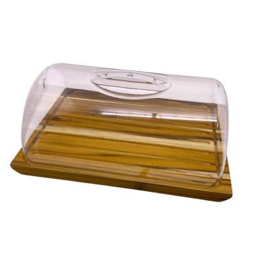 Imagem de Porta Pão Tábua Migalheira com Tampa Teca para Cozinha Madeira e Acrílico Transparente Domama