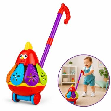 Imagem de Brinquedo de Empurrar Infantil Galinha Musical Carrinho Campainha Educativo Amarelo Yeet
