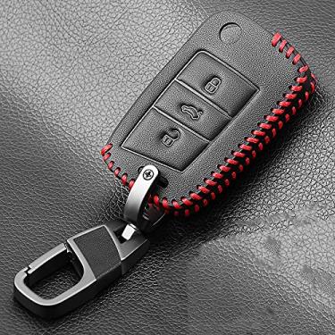 Imagem de WSWJDW Couro Car Key Case Cover Chaveiro Ring Key Bag, apto para VW Volkswagen Polo Golf Passat Beetle Caddy T5 Up Eos Tiguan Seat Skoda, estilo D 3 botões