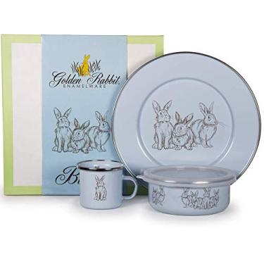 Imagem de Golden Rabbit Enamelware – Conjunto de jantar infantil de 3 peças (Blue Bunnies)