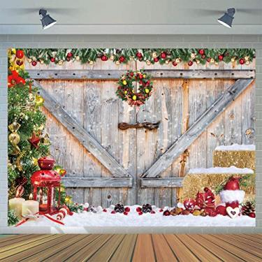 Imagem de CYLYH Pano de fundo de porta de madeira de celeiro de Natal de 2,1 x 1,5 m para fotografia, árvore de Natal, presente de neve, festa, foto de fundo, faixa de decoração de férias em família