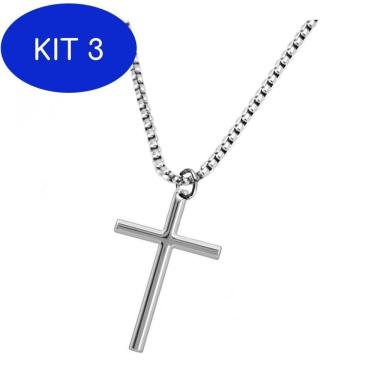 Imagem de Kit 3 Cordão Corrente Masculina 60Cm E Pingente Crucifixo Cruz Aço