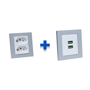 Imagem de Kit Espelhos de Tomadas Duplo Reto 2 Tom 10A 2 Usb 4.9A COR:CINZA
