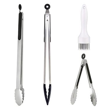 Imagem de UPTALY 2 pinças de churrasco extra longas de 45 cm, 1 mini pinça de salada de aço inoxidável de 20 cm, 1 amaciante de carne com pontas de piercing, pegador de alimentos de tamanho grande com cabeça de silicone